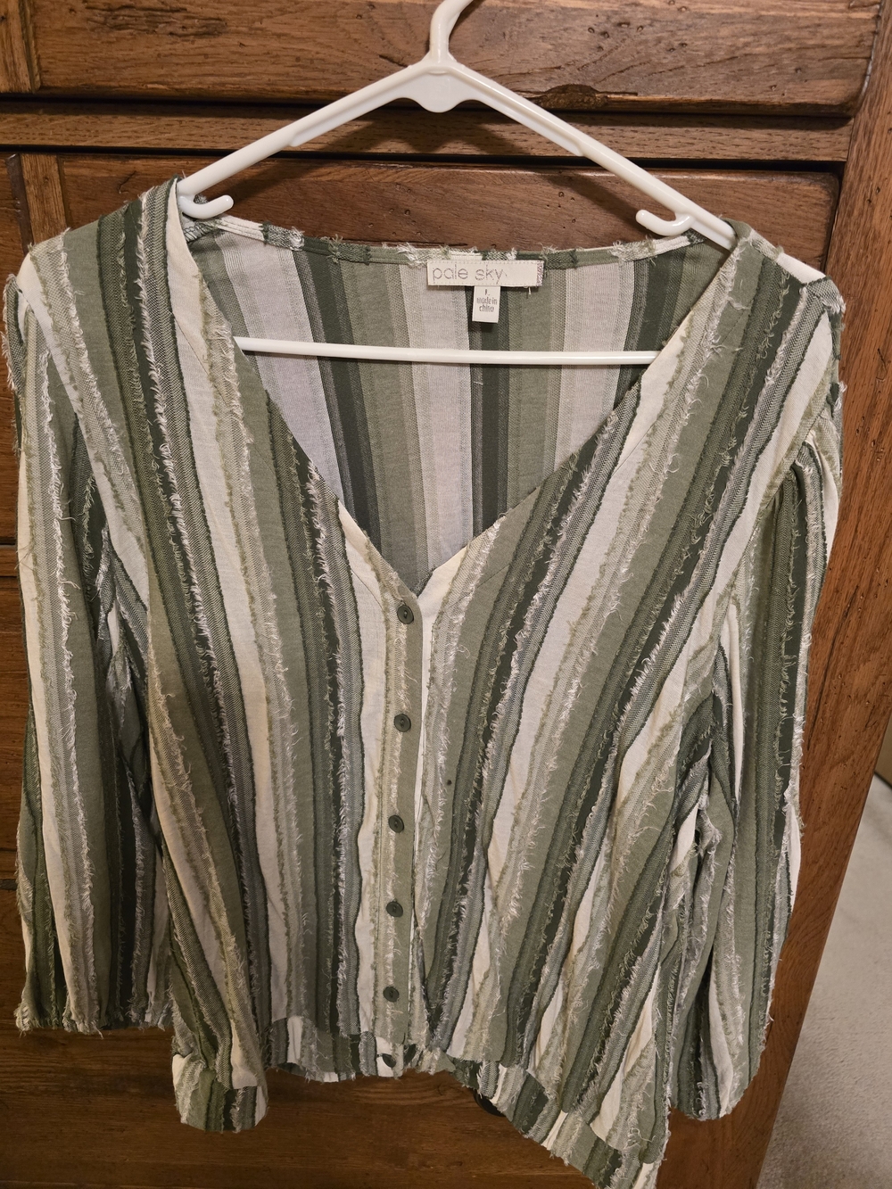 Olive and Cream Striped V-Neck Button Blouse